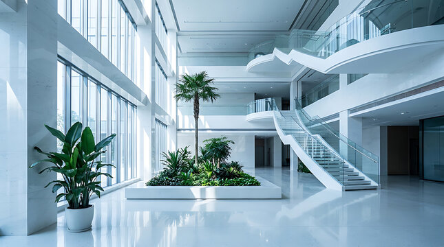 Modern corporate atrium interior with staircase