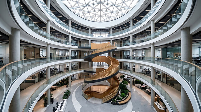 Modern corporate atrium with a large spiral staircase