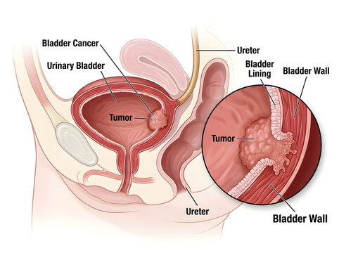 Bladder cancer tumor illustration with urinary system anatomy isolated on white background