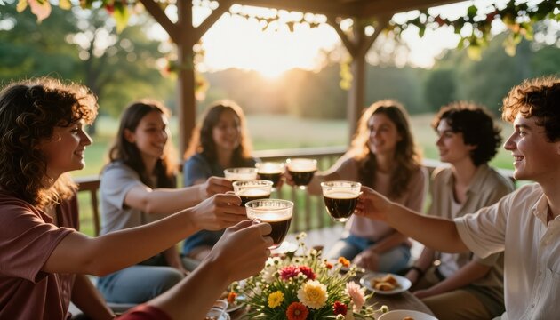 A cheerful group of friends sharing drinks on a spacious wooden porch as the sun sets during a festive celebration