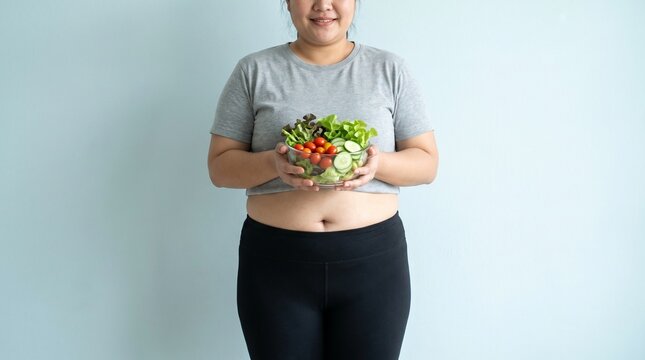 An overweight adult woman with visible abdominal fat standing upright while holding a bowl of fresh vegetables, representing dieting, healthy nutrition, and weight loss, isolated against a plain pale 