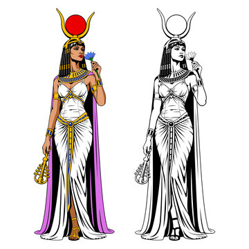 Hathor. Ancient Egyptian Goddess. Color and black and white versions.