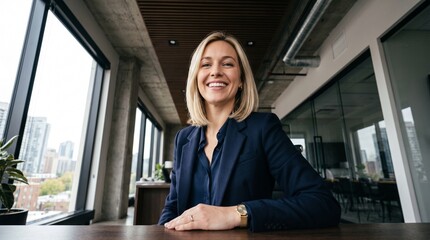 Fototapeta premium Successful blonde businesswoman sitting at office desk smiling for video conference, overseeing quality management operations, enterprise audit compliance and financial planning strategy.