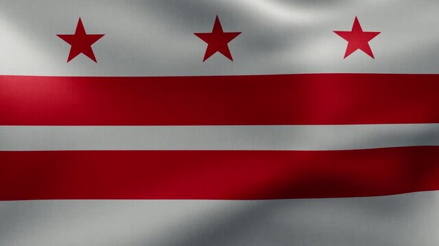 The continuously waving flag of the District of Columbia fills the frame