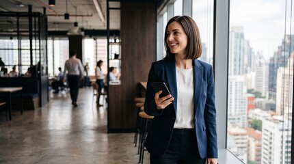 Fototapeta premium Successful businesswoman with brown bob hair holding smartphone in modern open plan office, monitoring enterprise resource planning software, ERP cloud data, and operational workflow analytics.