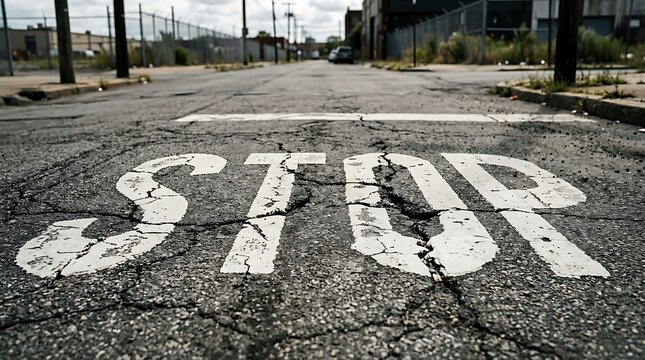 Vintage stop sign on cracked asphalt road in urban setting for editorial and advertising use