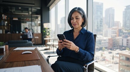 Fototapeta premium Mature grey haired female executive managing corporate audit report on smartphone at wooden desk in modern skyscraper office, analyzing online banking financial data and investments.