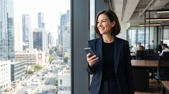 Smiling businesswoman using online banking app on smartphone by panoramic office window. Professional financial advisor managing mobile investment, digital transaction, and mortgage payment.