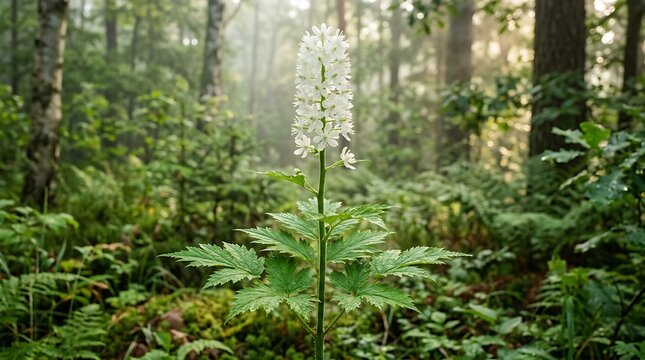 Misty forest floor with ferns and delicate wildflowers in soft natural light