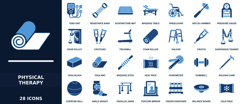 Set of 28 physical therapy and rehabilitation equipment icons featuring exercise tools, medical devices, and mobility aids for physiotherapy clinics