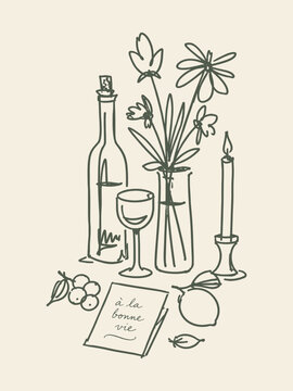 Wine and Flowers Still Life Hand Drawn Vector Illustration