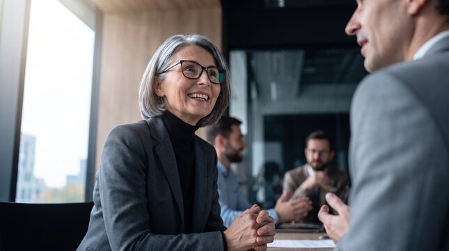 Happy mature female executive with grey hair in dark suit smiling during corporate quality management meeting in modern glass office talking to male colleague about business strategy project