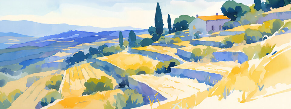 Watercolor illustration of Mediterranean agricultural stone terraces. Rural hillside landscape with a rustic house and cypress trees