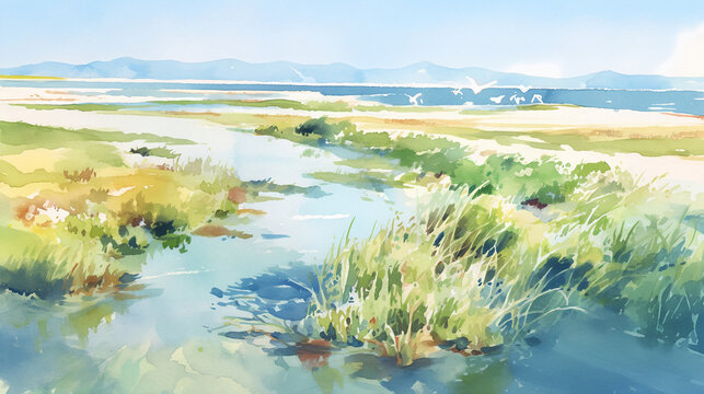 Watercolor illustration of a river delta with flying birds. Scenic landscape of coastal wetlands and green grasses. Estuary water channels with distant hills