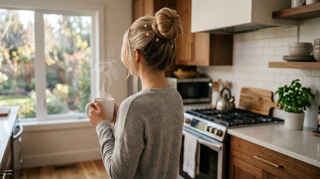 Woman enjoying coffee in modern kitchen with natural daylight streaming in