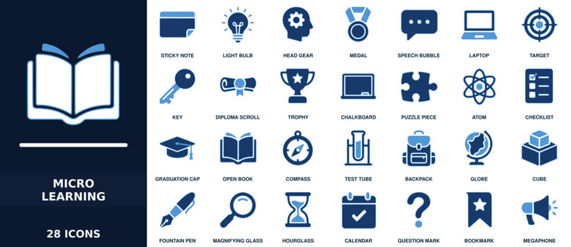 Set of 28 education and micro learning icons featuring symbols like books, graduation caps, light bulbs, and tools for digital learning and academic concepts