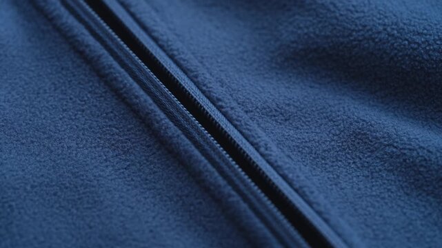 A close-up shot of a hand unzipping a blue fleece jacket.