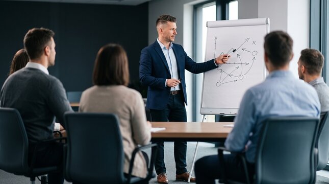 Professional businessman giving corporate presentation during business training seminar in modern office, explaining strategic planning and marketing analytics to team on flipchart diagram.