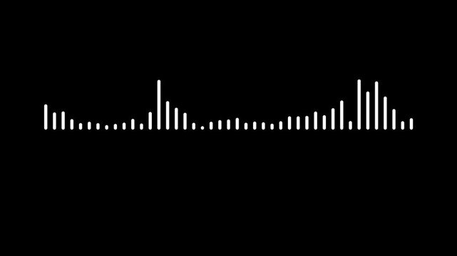 White digital audio spectrum waveform jumping to beat, modern sound equalizer frequency line animation, clean podcast voice recording indicator, minimalist music track on black background. 4k video