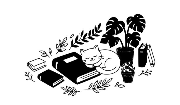 Untitled design Cozy sleeping cat with books and indoor plants minimalist vector illustration