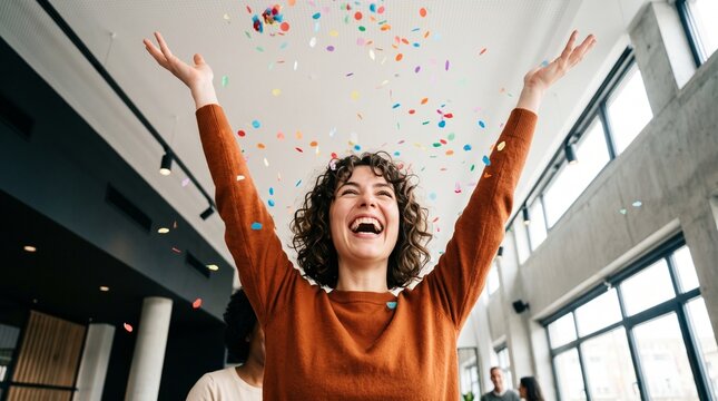 Joyful business woman celebrating marketing success under falling colorful confetti in office excited team worker achieving financial milestone victory corporate goal concept