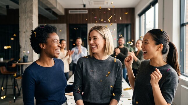 Diverse team of happy corporate women celebrating business victory under falling confetti in modern office after completing leadership training program, sales target, and marketing campaign.