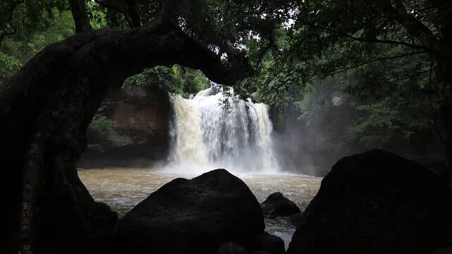 The beautiful nature backdrop of the Haew Narok waterfall in Khao Yai National Park is a stunning feature of the forest and a popular destination for tourists.