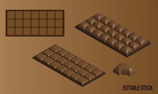 Isometric view of milk chocolate bars and a small piece of chocolate on a brown background