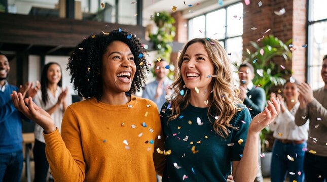 Ecstatic female colleagues celebrating business corporate training achievement under colorful falling confetti in modern office, smiling diverse workers enjoying startup success and growth.
