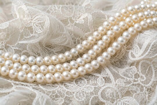 A triple strand of white pearls gracefully adorns intricate lace fabric, showcasing the delicate textures and luxurious essence of the materials