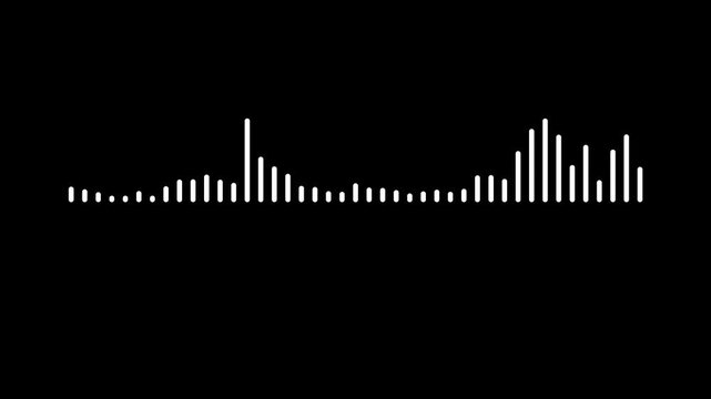 Digital white audio frequency waveform moving to rhythm, modern sound spectrum equalizer display, clean voice recording track visualizer, minimal podcast rhythm wave on black background. 4k video