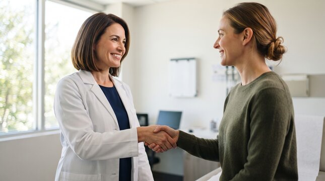 Smiling female doctor shaking hands with patient during quality management healthcare consultation, standing in bright modern clinic office to build trust and professional patient care.