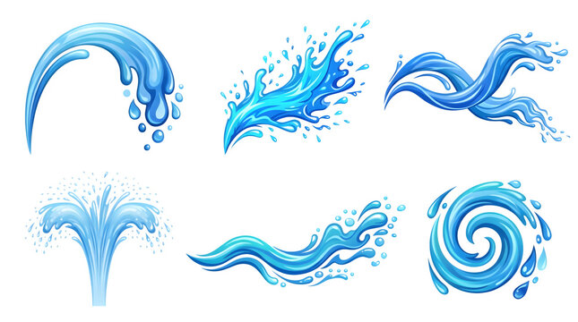 Blue water splash vector set, liquid wave drops and swirls, dynamic water flow elements for graphic design