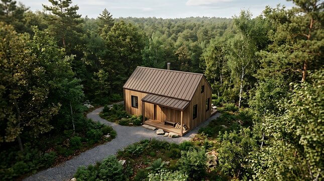 Cozy rustic cabin nestled in a serene forested hillside retreat with gravel path.