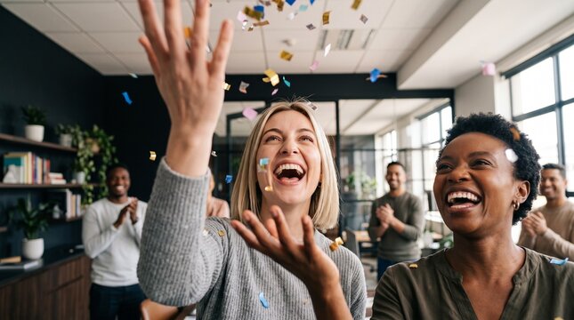 Happy business team celebrating ERP software launch success with falling colorful confetti, cheerful diverse colleagues throwing party in modern office space during corporate achievement.