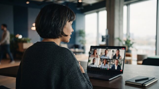 Businesswoman participating in ERP system implementation video call on laptop computer with international corporate team in modern open space office digital management software concept