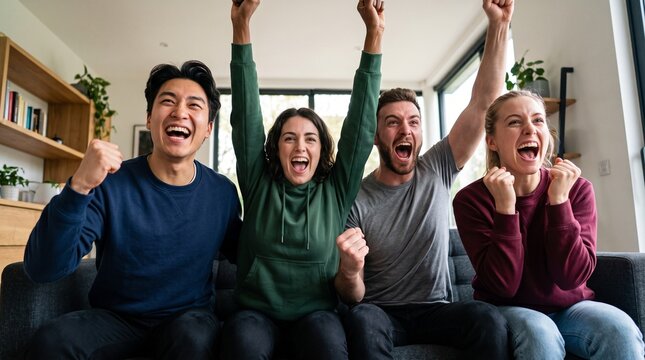 Group of enthusiastic young diverse marketing team colleagues cheering celebrating business victory triumph and sales success sitting on sofa in modern creative startup office room indoor.