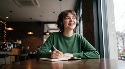 Obraz premium Charming young woman in green sweater and headphones writing in diary during online learning session in cafe near window thoughtful female student self education development concept