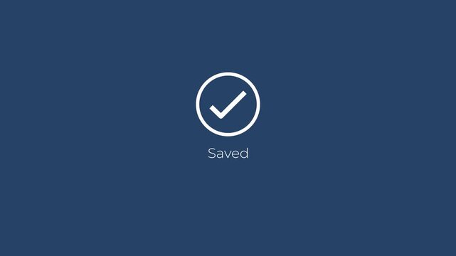 Glowing circular loading bar on a dark background featuring saved and enabled text with check mark. Ideal for file or document saved idea. 
