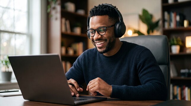 Happy Black male student with headphones and glasses using laptop for online learning, remote business training, software development, e-learning course and distance education from home office.