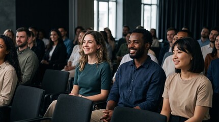 Obraz premium Attentive multiethnic professional audience listening to keynote speaker at quality management corporate conference workshop, engaging in continuous learning and professional skill upgrade.