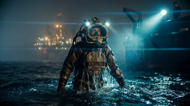 Commercial deep-sea diver in a heavy diving suit emerging from the dark ocean water near an illuminated offshore oil rig platform at night for subsea maintenance and engineering work