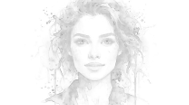 Abstract portrait of a woman face created with digital pixels and small squares in black and white style isolated on white background