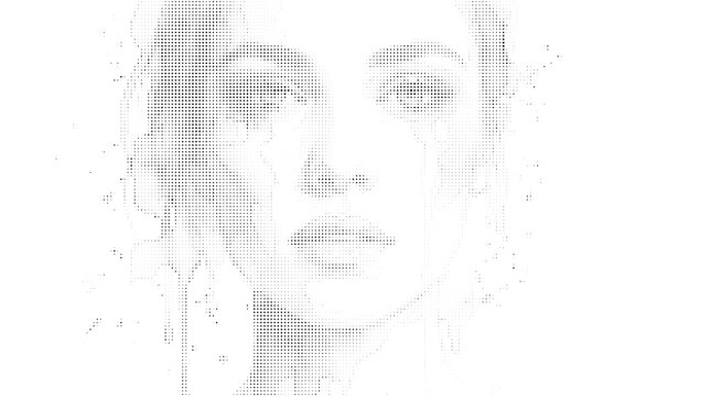 Abstract portrait of a woman face created with digital dots and halftone style pattern on a simple clean background isolated on white background