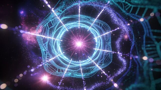 Pulsing wireframe rings sparking radial beams lighting core in starry void, forming magenta star