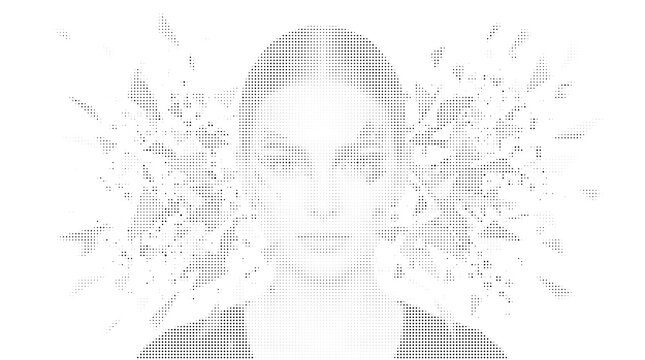 Abstract human face portrait made of digital dots and particles dissolving in a modern creative graphic style isolated on white background