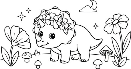 Cute baby triceratops wearing flower wreath with giant flowers mushrooms and moon © MstRina