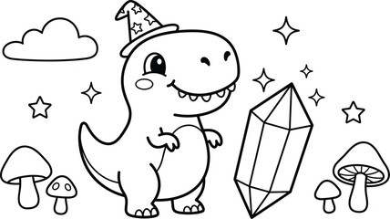 Cute cartoon tyrannosaurus rex wizard wearing hat with crystal cloud and stars © MstRina