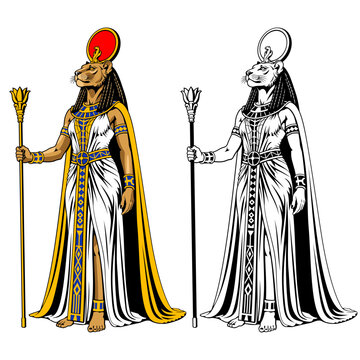 Ancient Egyptian Goddess Tefnut . Color and black and white versions.