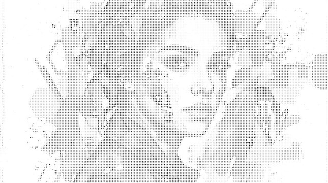 Abstract human face portrait made of digital black and white pixels and squares on a bright clean background isolated on white background